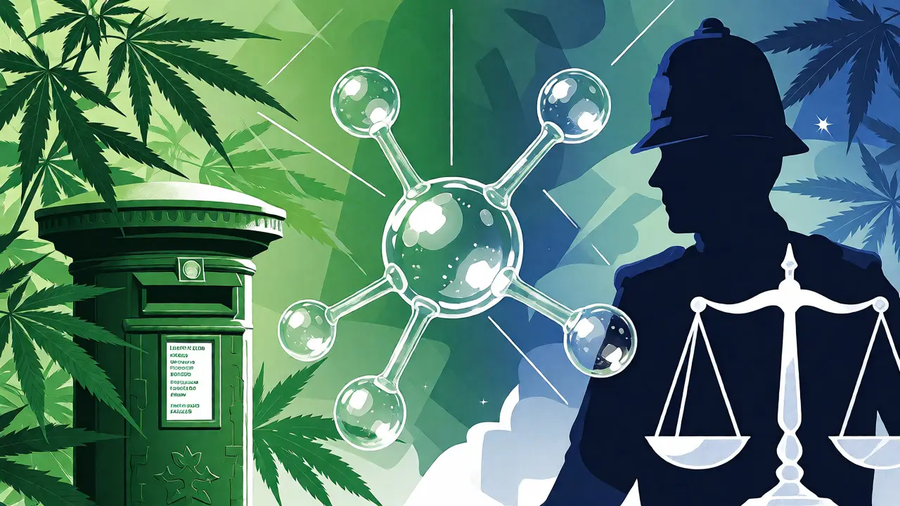 Konceptuální ilustrace molekuly H4CBD mezi konopím a spravedlností