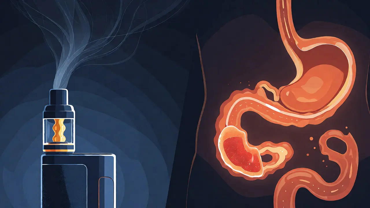 Konceptuální ilustrace porovnávající vaping a trávení kanabinoidů