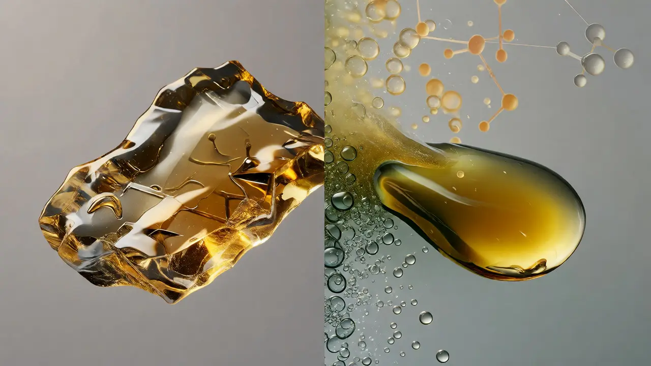 Konceptuální srovnání křehkého CBD shatteru a viskózního oleje