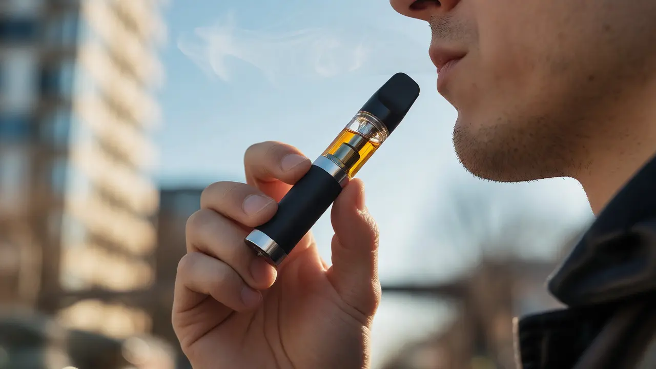 Osoba používá kompaktní CBD vape pero v městském prostředí s jemnou párou.
