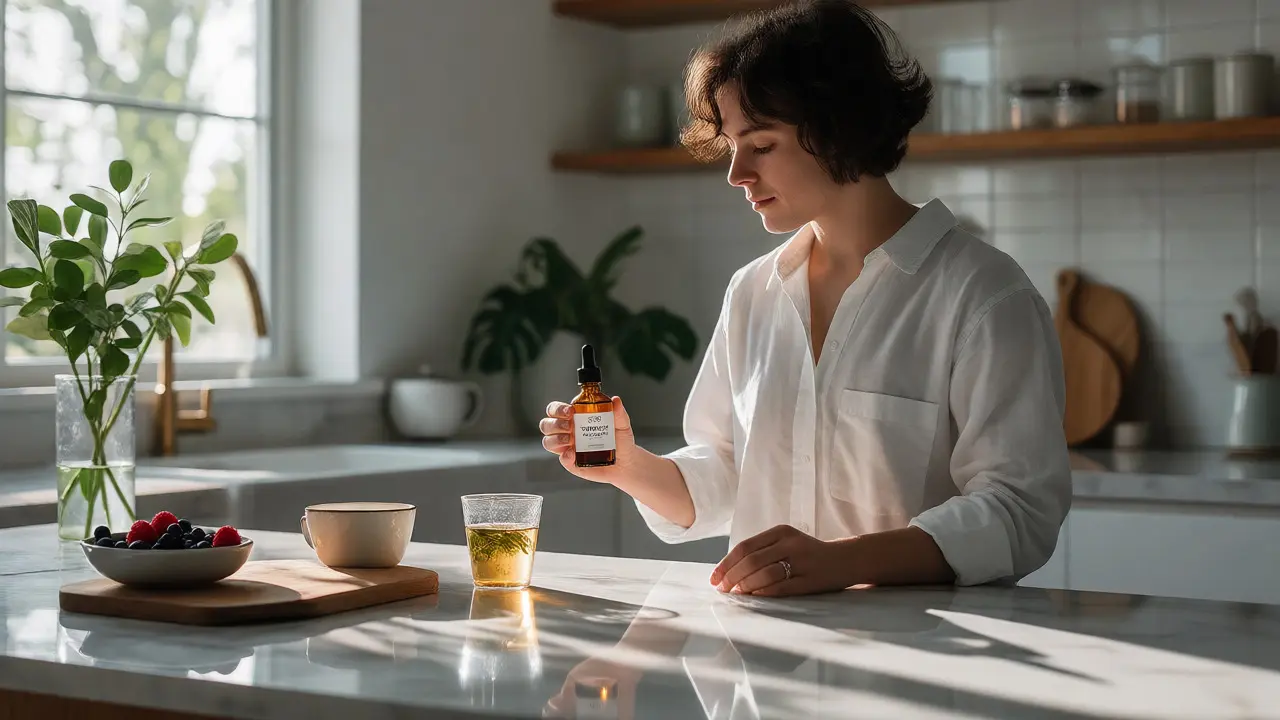 Osoba užívající kapky THCV v moderní kuchyni ráno pro energii a soustředění