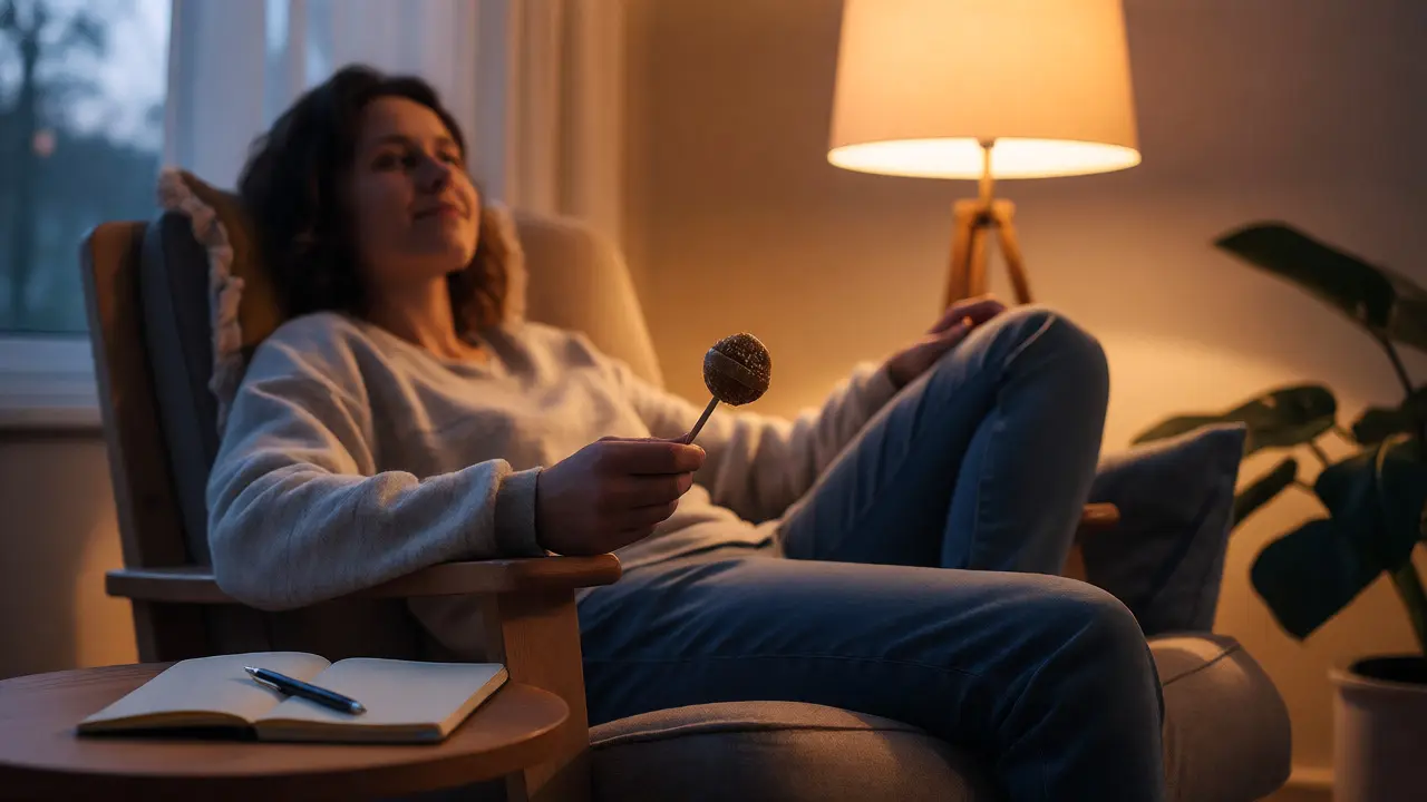 Relaxovaná osoba s lízátkem a deníkem doma večer