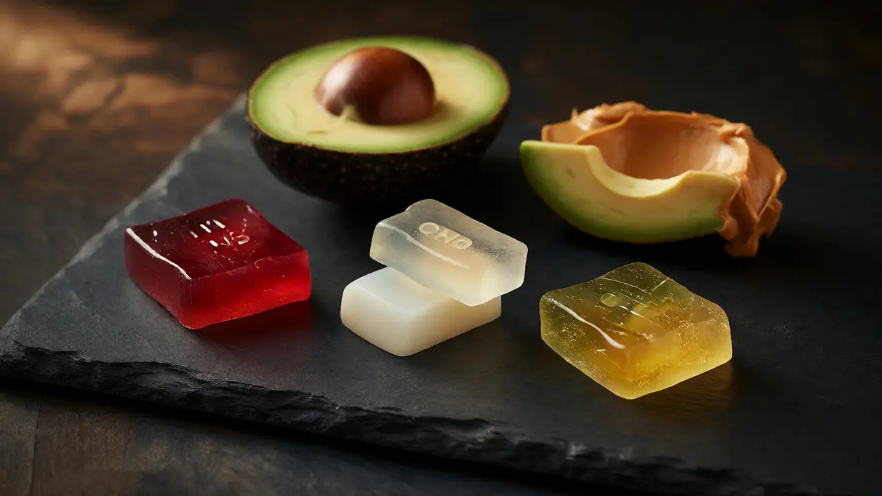 Různé druhy infused gummies umístěné vedle avokáda a arašídového másla