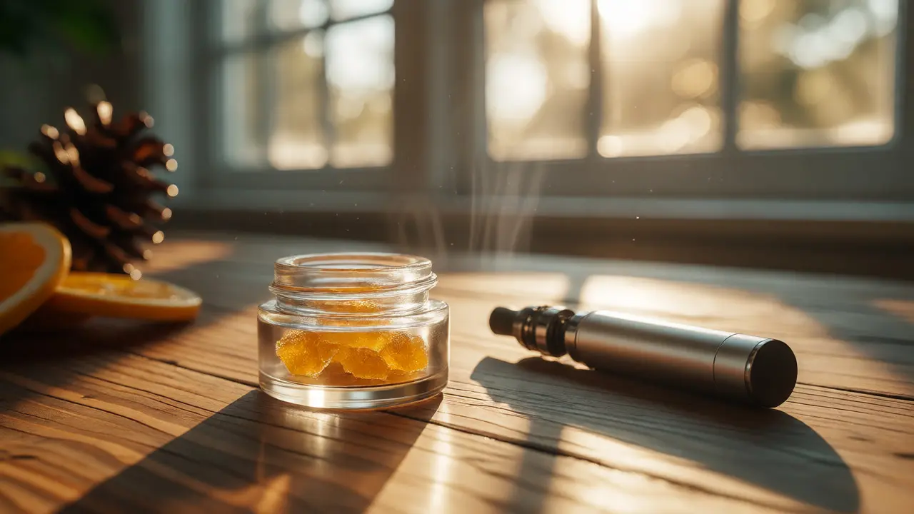 Skleněná dóza se zlatým CBD shatterem vedle vaporizéru ve světle