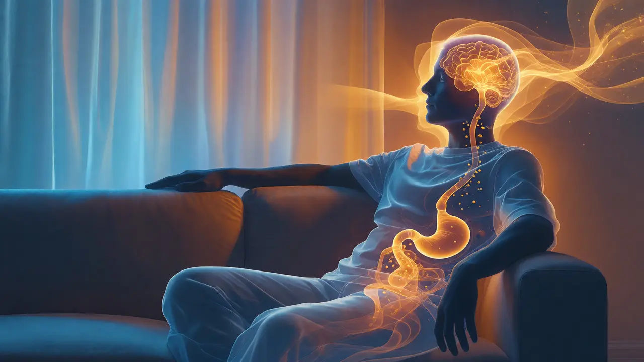 Stylizovaná ilustrace relaxující osoby s vizuálními stopami účinků látky v těle.