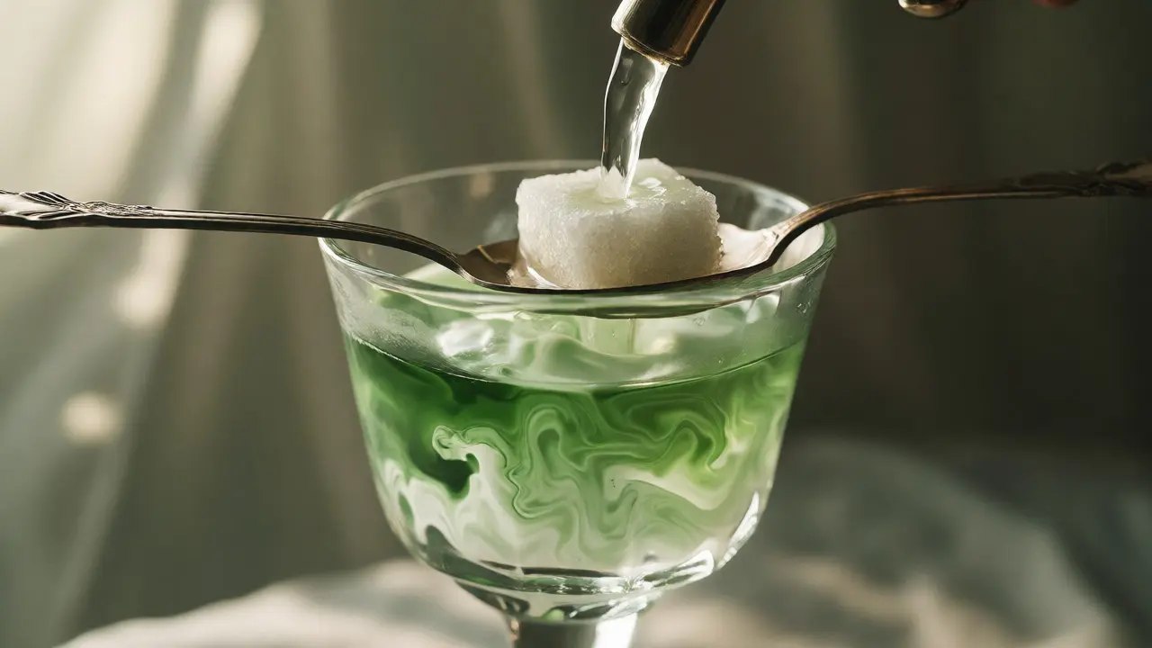 Tradiční příprava absintu s kapající vodou přes kostku cukru