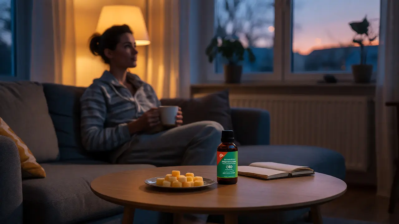 Uvolněná osoba večer s CBD gummies a deníkem